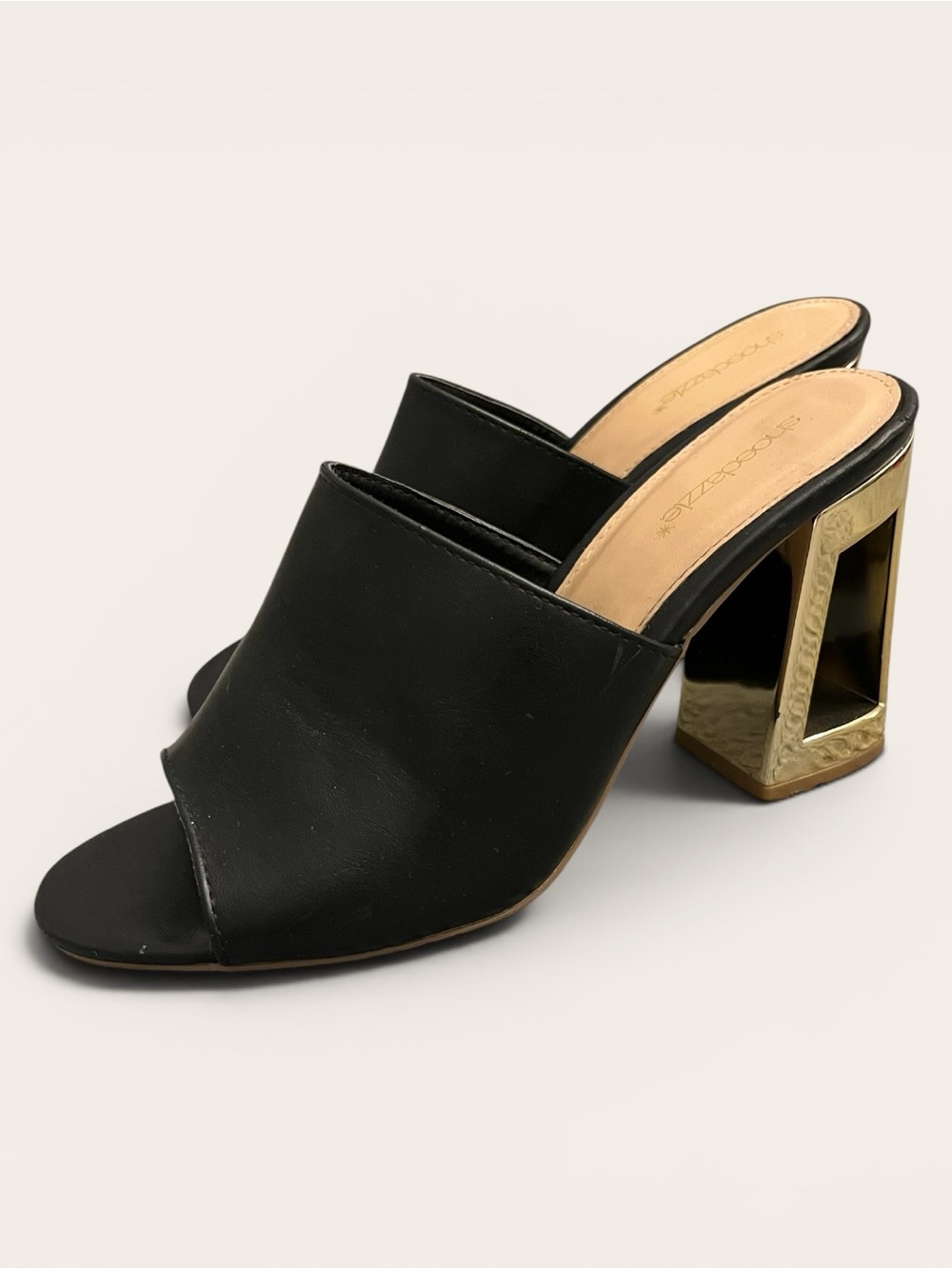 Shoe Dazzle Black Open-Toe Mule Heels with Gold Sculpted Block Heel